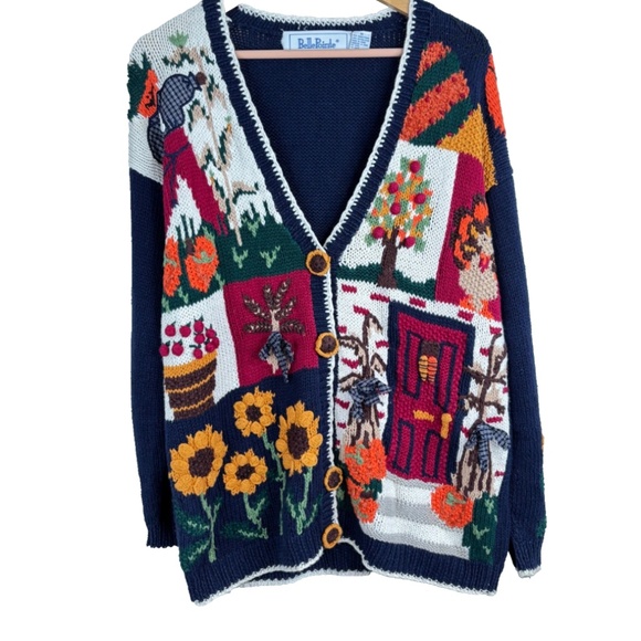 VTG Belle Pointe Fall Cardigan M 3D Knit Sunflower Patchwork Pumpkin Halloween - Picture 1 of 15